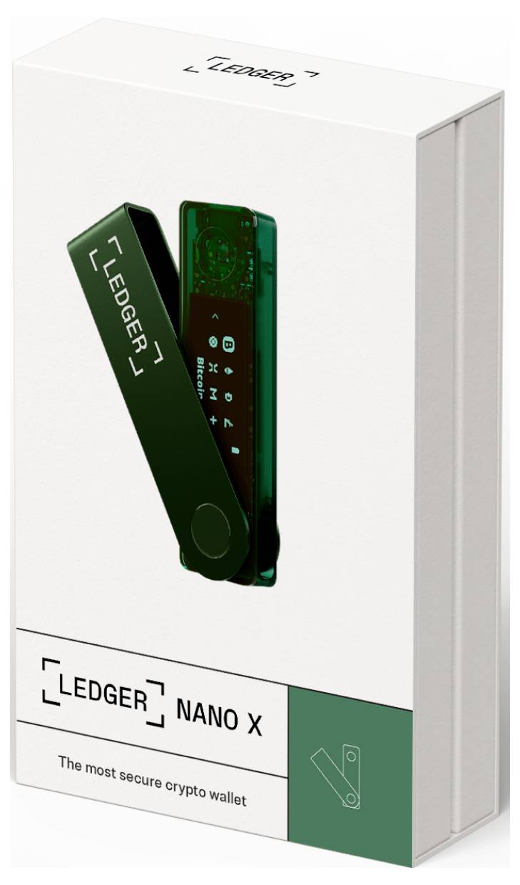Packaging of a 'Ledger Nano X' crypto wallet, with an image of the product and the text 'The most secure crypto wallet'.