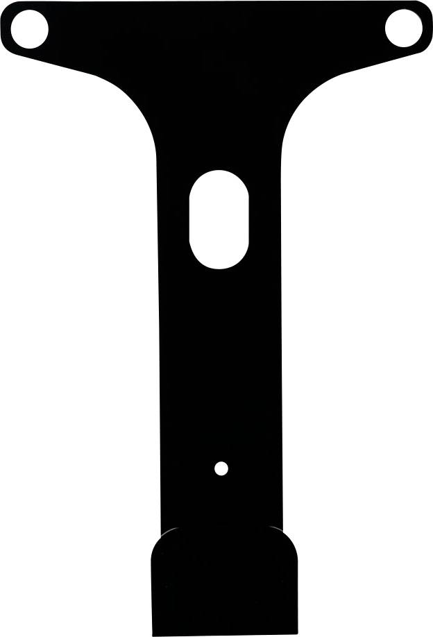 Black, T-shaped metal bracket with three mounting points and an oval cut-out in the centre, potentially suitable for wall mounting.