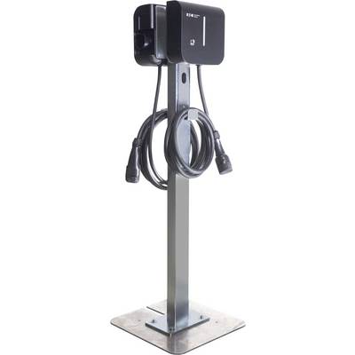 Electric vehicle charging point with attached cable, freestanding and mounted on a metal stand.