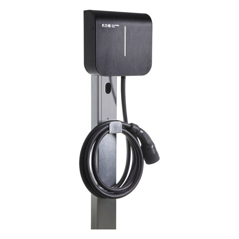 A black electric vehicle charging station with a connected charging cable, mounted on a metal pole. Suitable for charging electric vehicles.