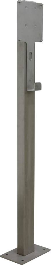 Metal post with base plate, suitable for securing structures or signs, stands upright on flat ground.