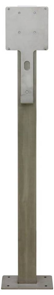 Metallic stand with a rectangular base and a plate on top. Suitable for mounting signs or displays.