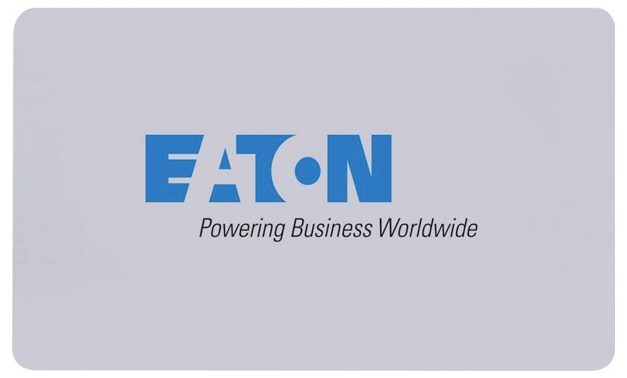 The image shows the 'Eaton' logo with the slogan 'Powering Business Worldwide' underneath.