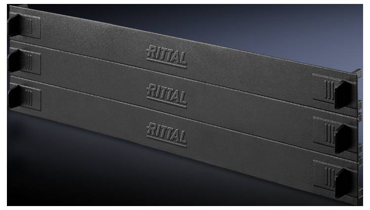Black ventilation panel strip printed with 'RITTAL', stacked in three tiers. Used for cooling in technical installations.