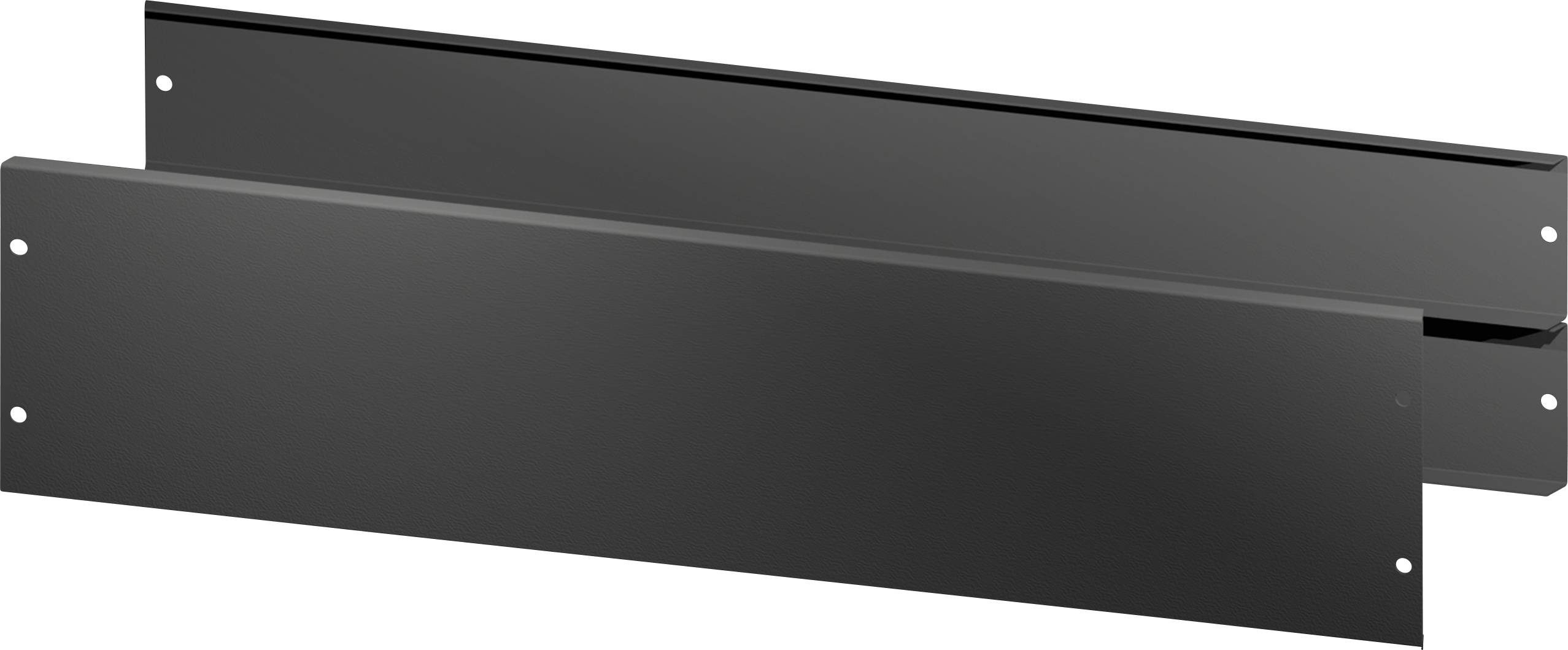 Two black metal blanking plates with hole-drilling at the corners, most likely for mounting in a rack or on a wall.