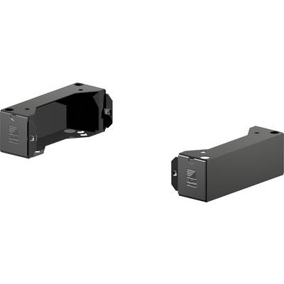 Black metal angle bracket with two mounting holes, angled design, and embossed logo. Suitable for stabilisation.