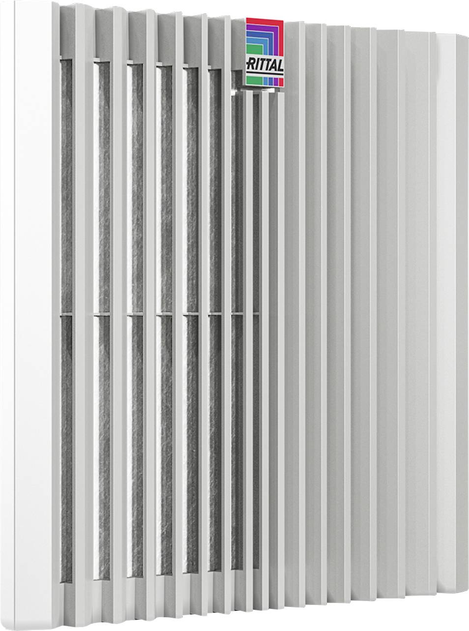 Radiator cover with vertical slats, with a small logo in white, blue, green and red positioned in the top left corner.