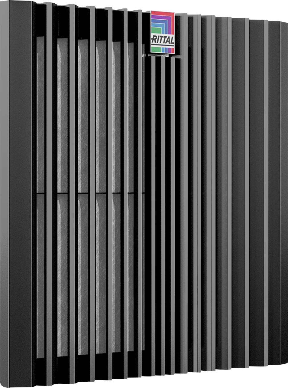 'Cooling appliance with black casing and vertical fins, logo positioned top right.'
