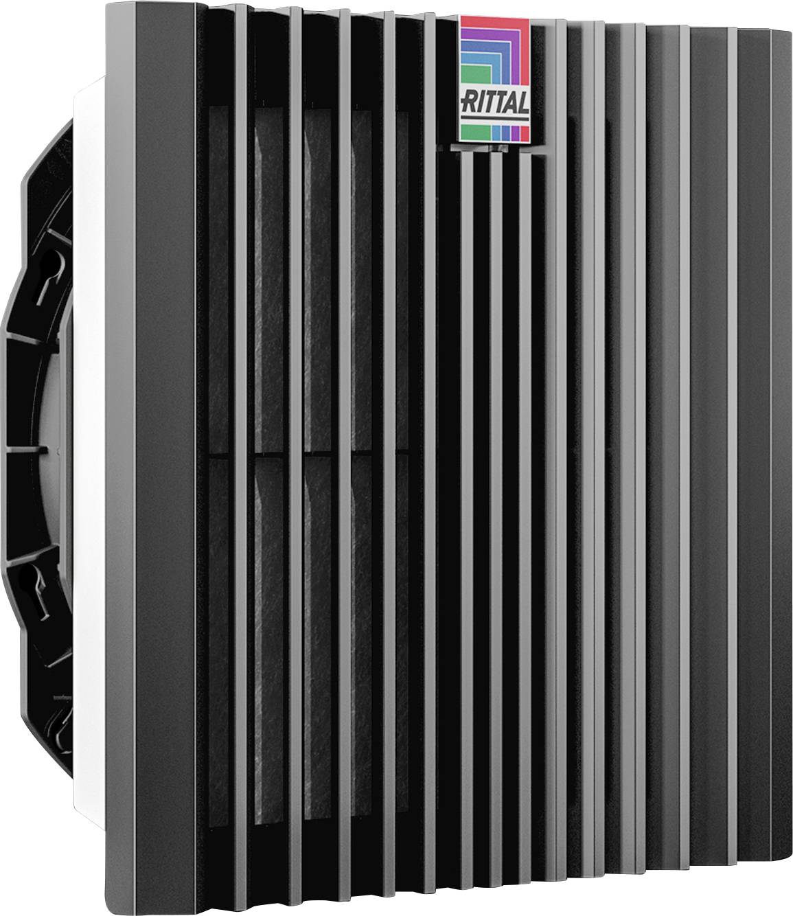 Ventilation unit in a rectangular shape with grey fins and a colourful logo in the top right corner. Suitable for industrial applications.