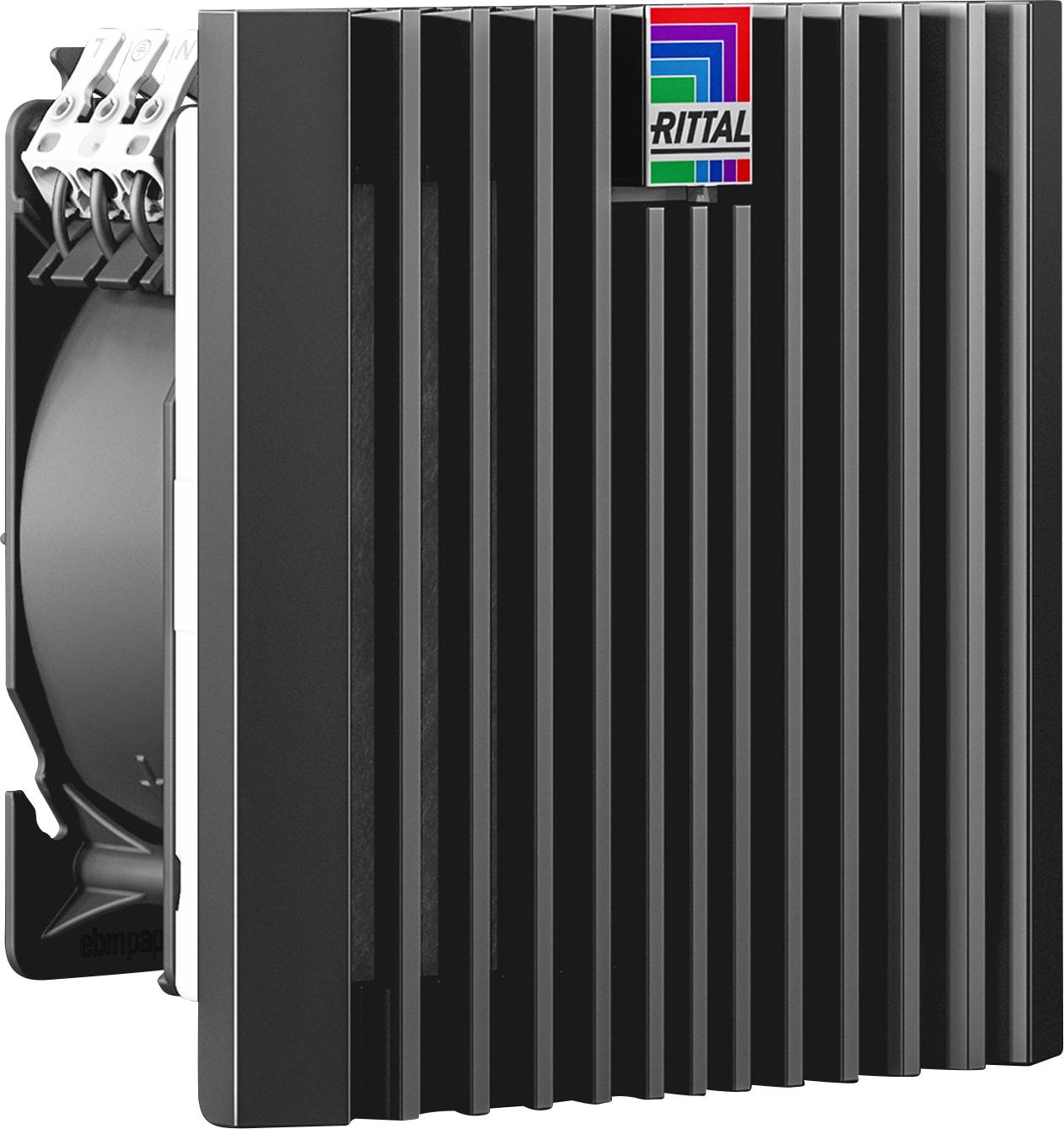 A black technical device with cooling fins and a small logo on top. It appears to be an electrical component.