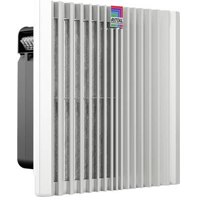 A white ventilation grille with a colourful Rittal logo in the top right-hand corner. On the left, a black filter insert is visible.