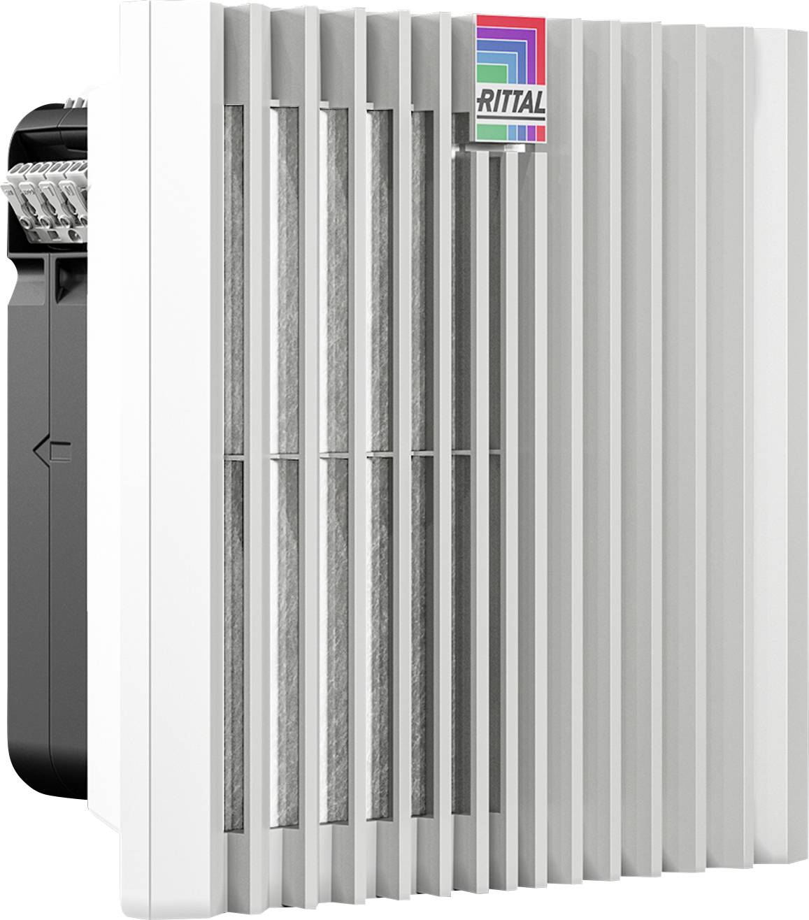 Ventilation grille in white with logo in the corner, used for ventilating technical equipment.