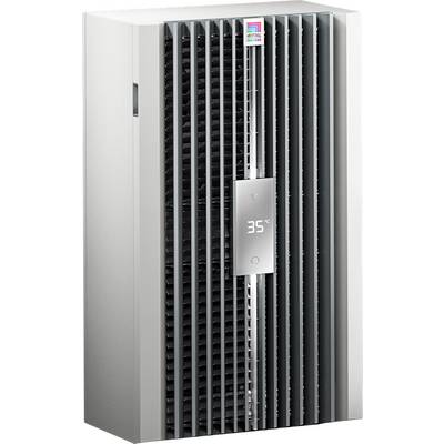 A vertical radiator with a digital display in the centre shows a temperature of 35°C. It stands against a neutral background.