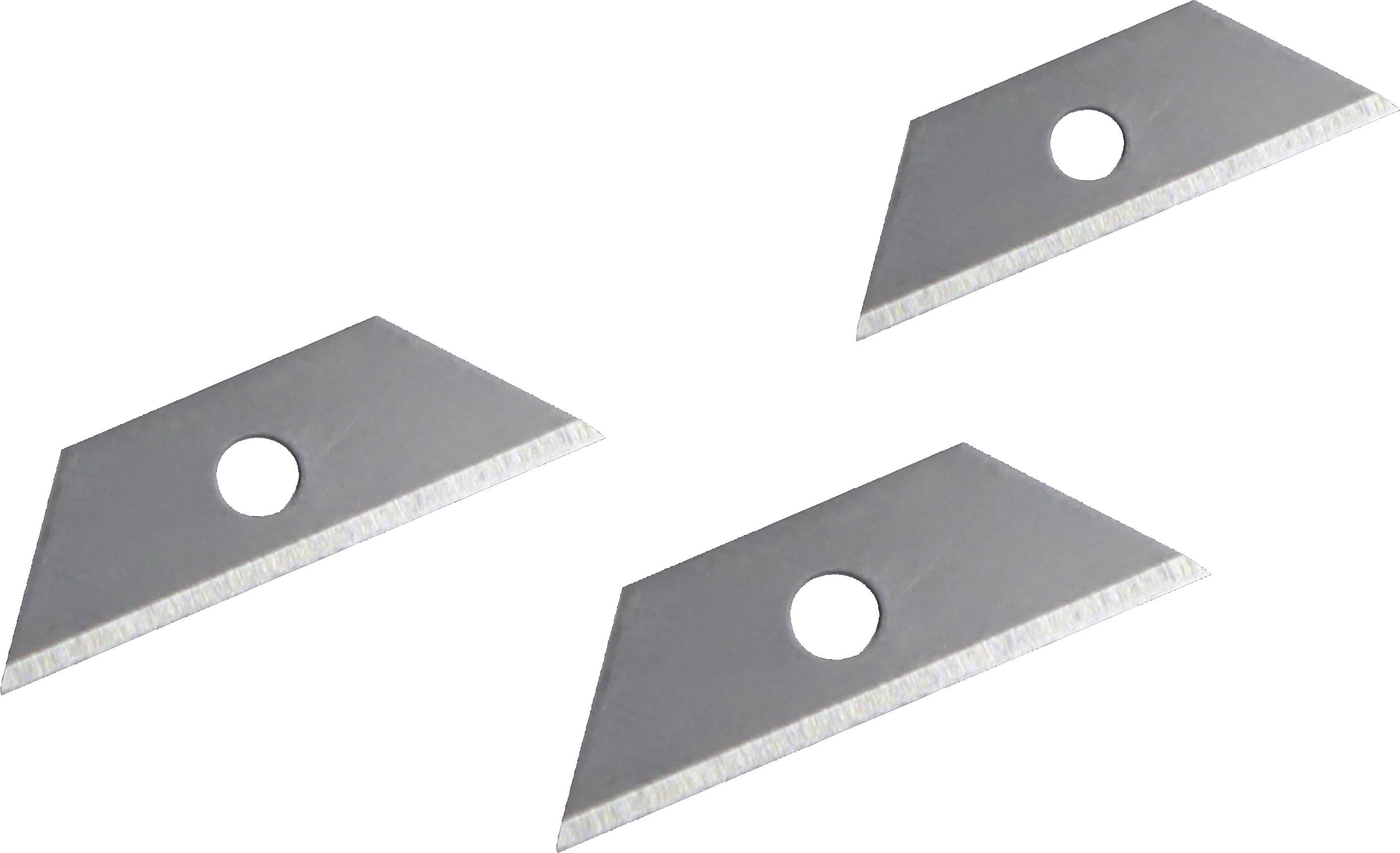 Three trapezoidal razor blades with a hole in the centre, set against a white background. They are sharp and reflect light.