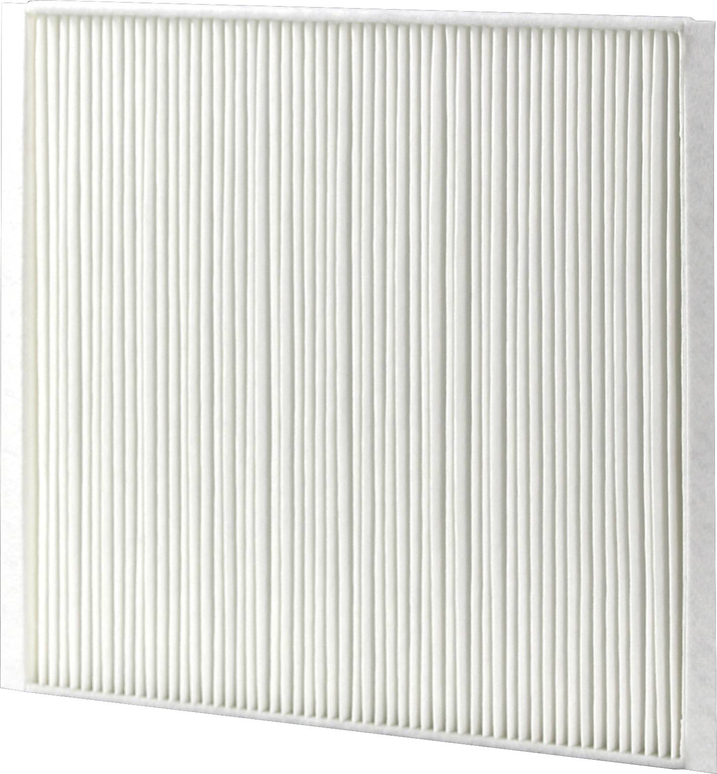Air filter with white, vertically running ribs, rectangular shape.