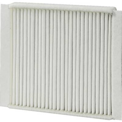 A rectangular, white air filter with vertical vanes, used for purifying air in air conditioning systems or vacuum cleaners.