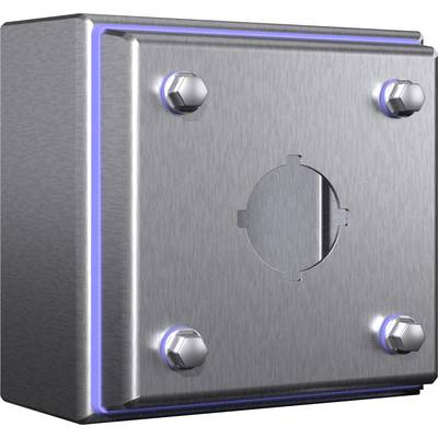 Metal casing with four bolts and a central circular recess, illuminated by a blue light.