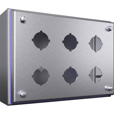 Six silver round electrical sockets mounted on a rectangular metal plate, designed for industrial applications.