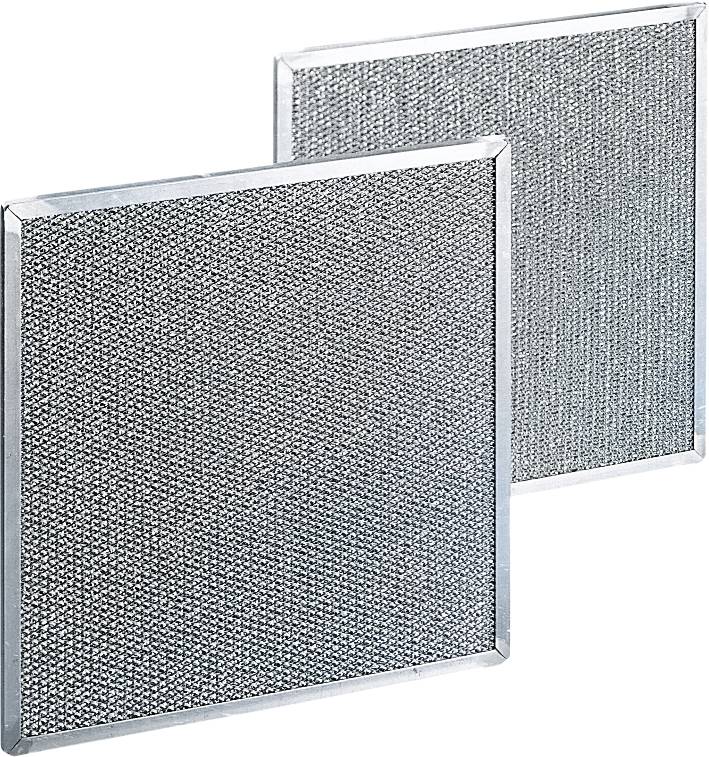 Two silver square metal filters side by side, with a fine, grid-like textured pattern, typical of cooker hoods.