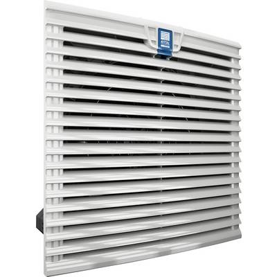 A white air filter with parallel fins for regulating air flow. A blue logo with text is located at the top.