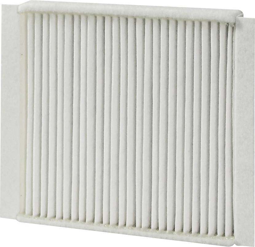 A rectangular, white air filter with fine, parallel-running fins. Suitable for air purification or air conditioning units.