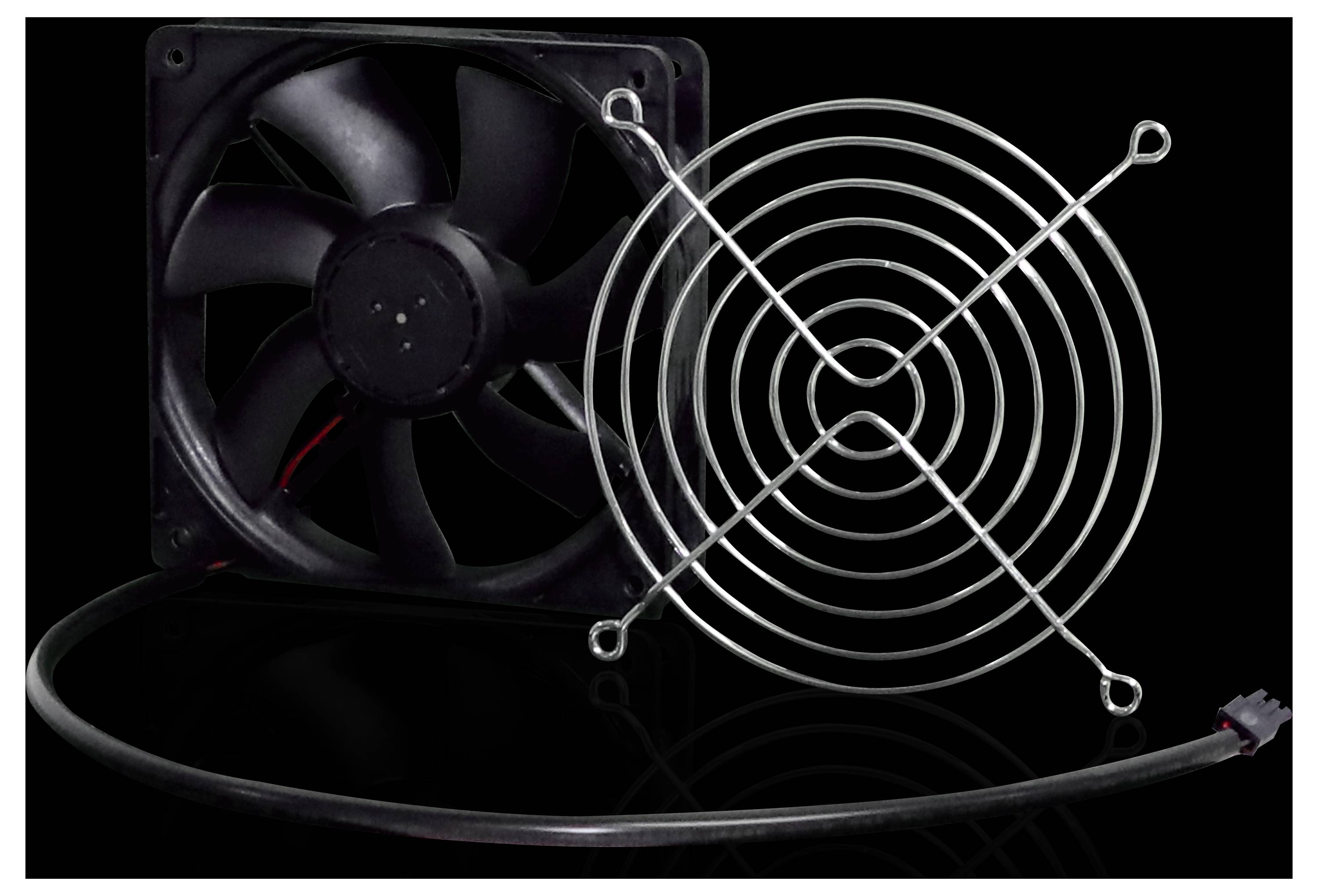Computer fan with grille and cable against a black background, emphasising the cooling component of a PC.