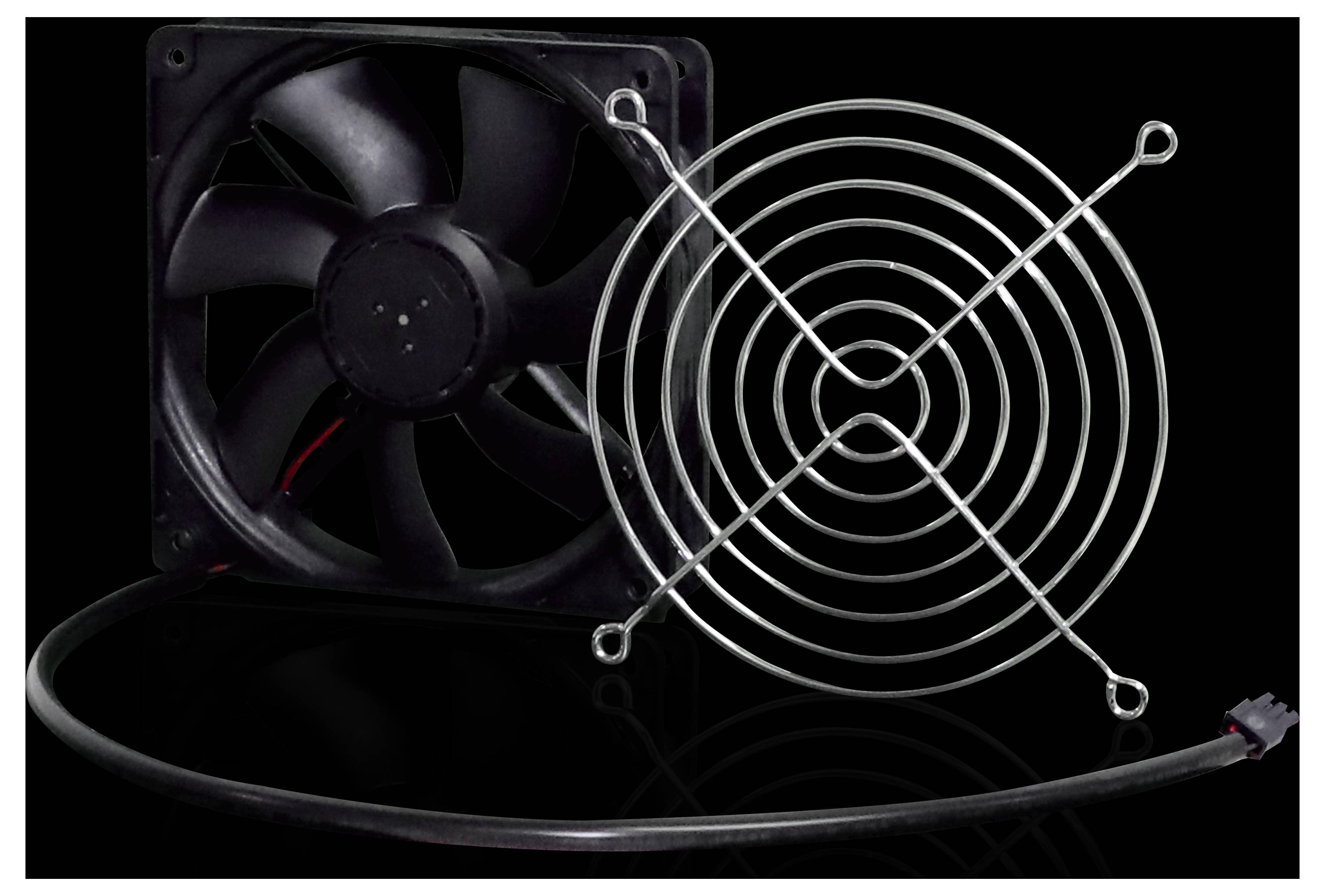 Computer fan with seven black rotor blades, next to a removable round metal grille. A cable leads to the fan.