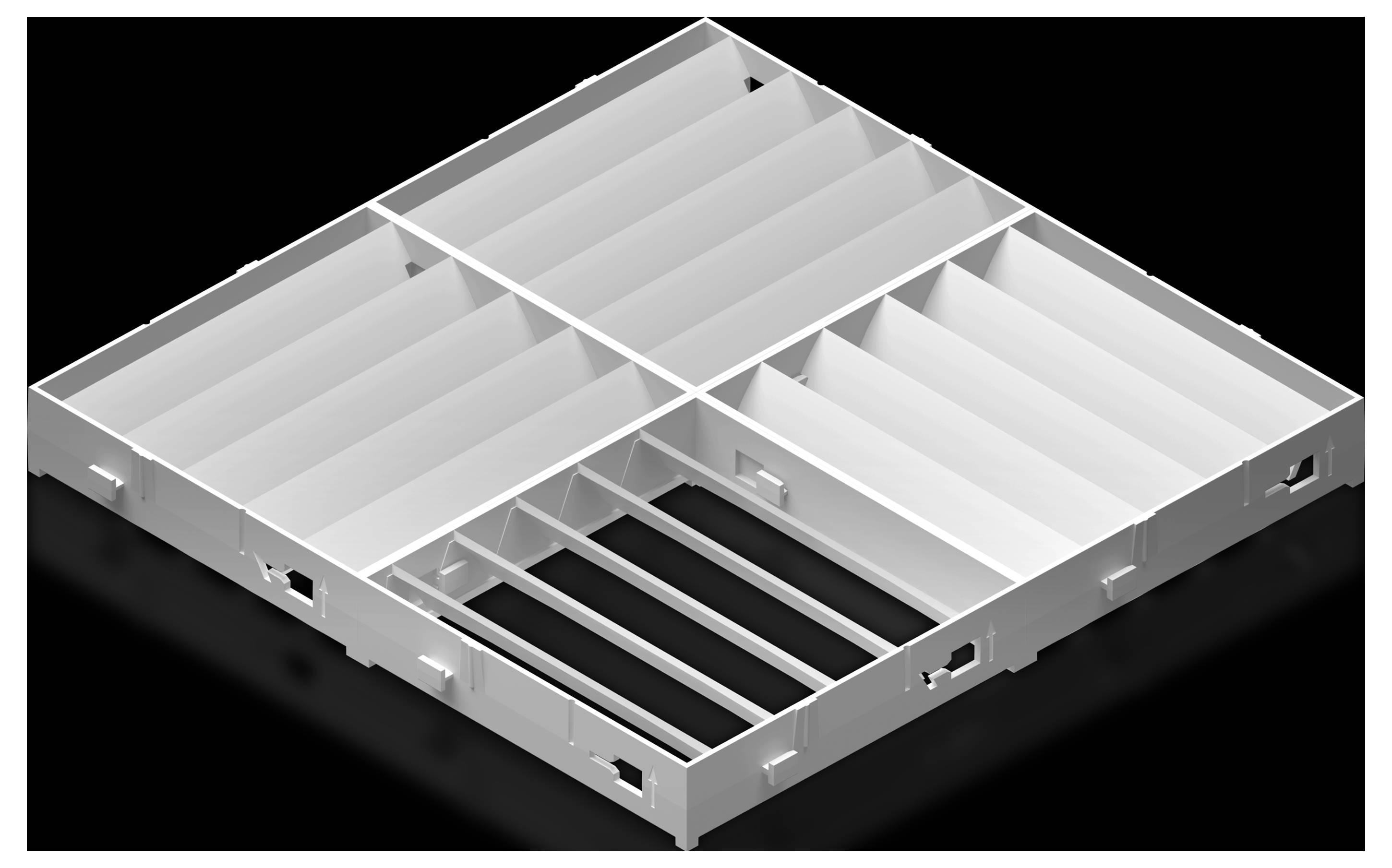 '3D model of a structured component with multiple compartments and a rectangular shape on a black background.'