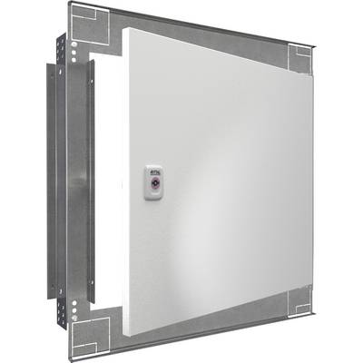A white service hatch with a metal frame and a small security lock in the centre, against a neutral background.
