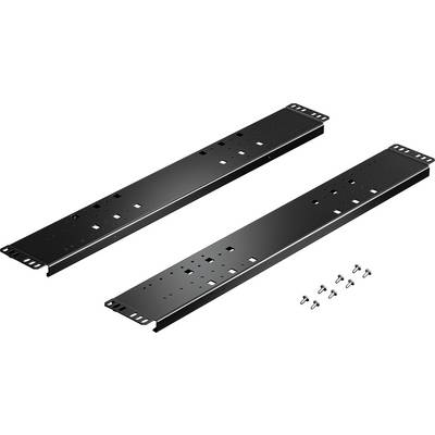 Two black rack mounting rails with multiple fixing holes, depicted with six matching screws.