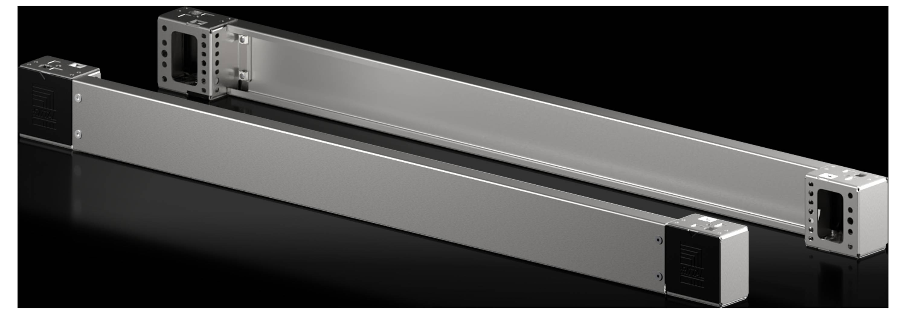 Two long metal casings in a horizontal position, one showing the top side, the other the bottom side, against a black background.