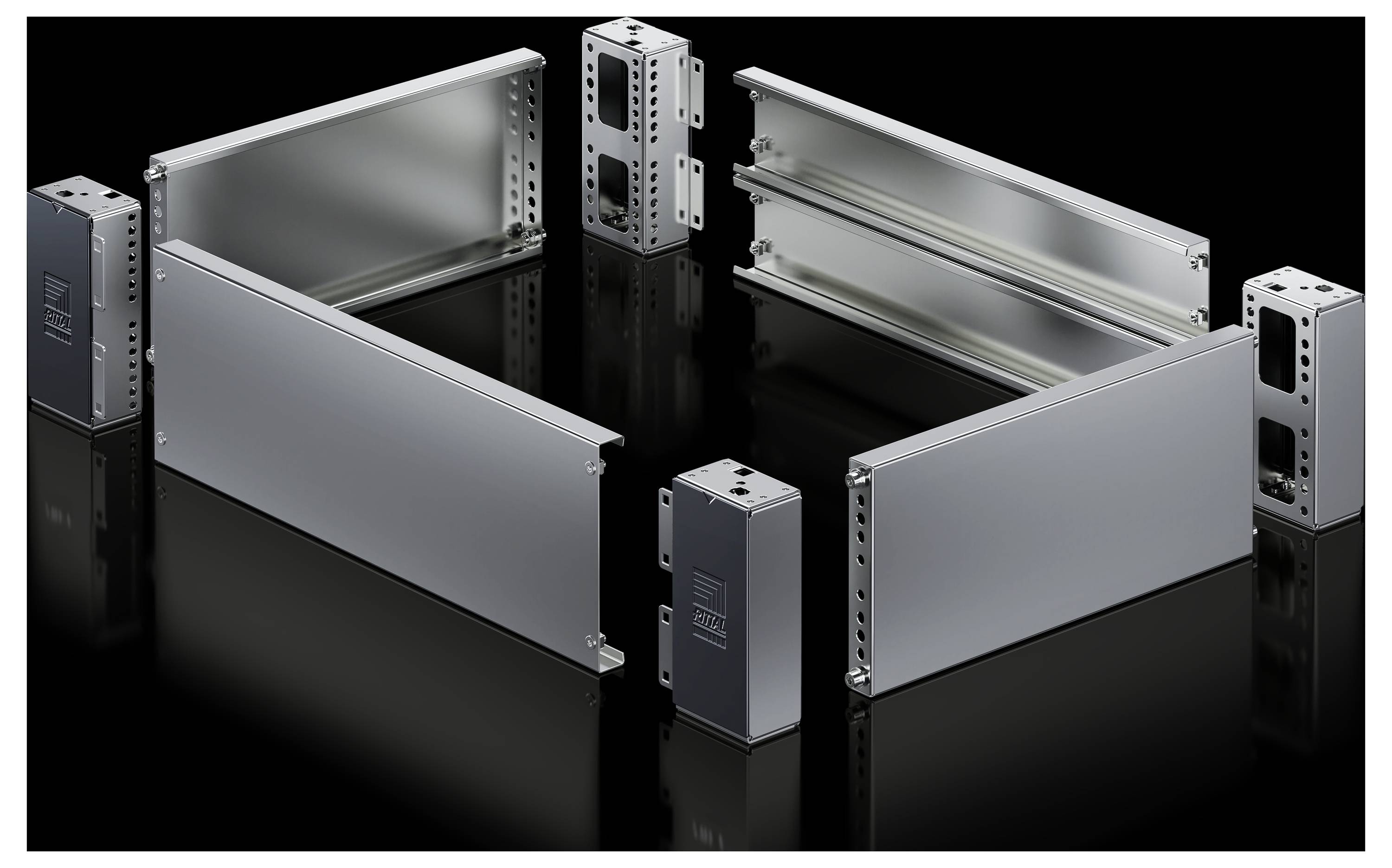 Metal parts arranged at an angle on a black background. They appear to be components of a frame or enclosure, likely for electronic equipment.