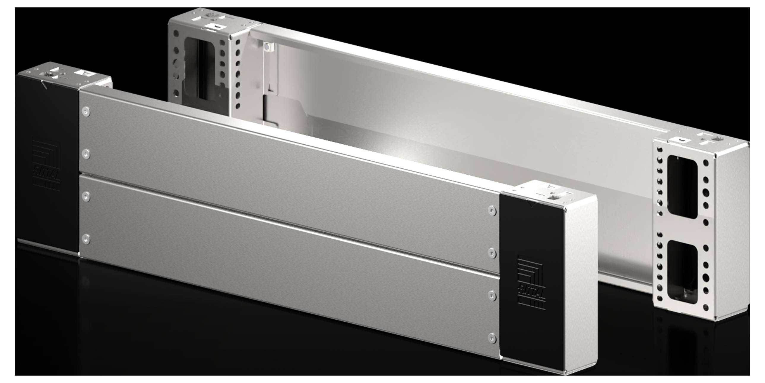 Two silver metal profiles in rectangular form, standing side by side, likely industrial components, against a black background.