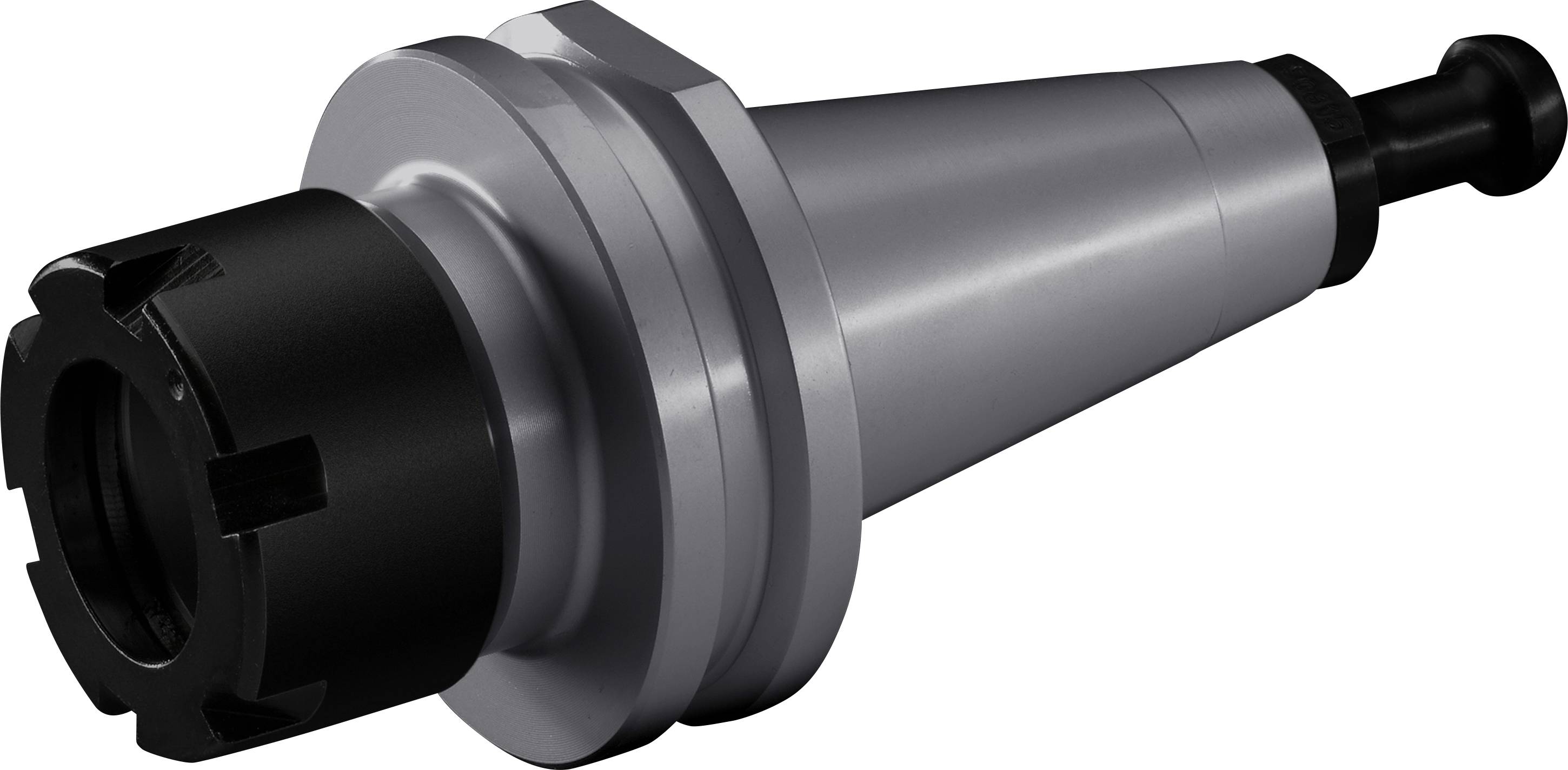 Metallic tool holder with a tapered shape and black end connection, used in industrial machinery for tool changing.