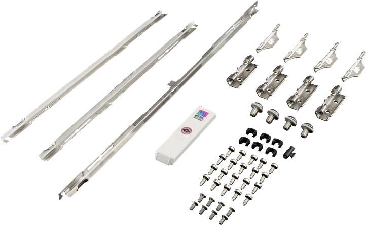 'Extendable table mounting set with metal runners, screws, clips and remote control on white background.'