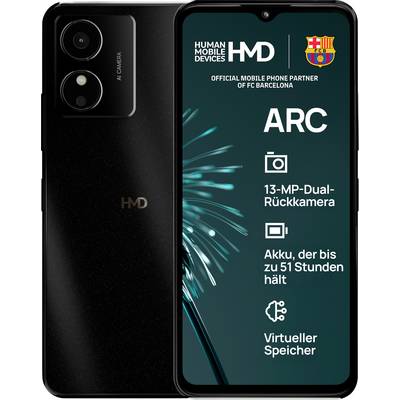 Smartphone by HMD next to a screen with text: 'ARC', '13-MP Dual Rear Camera', 'Battery lasting up to 51 hours', 'Virtual Memory'. Partner of FC Barcelona.