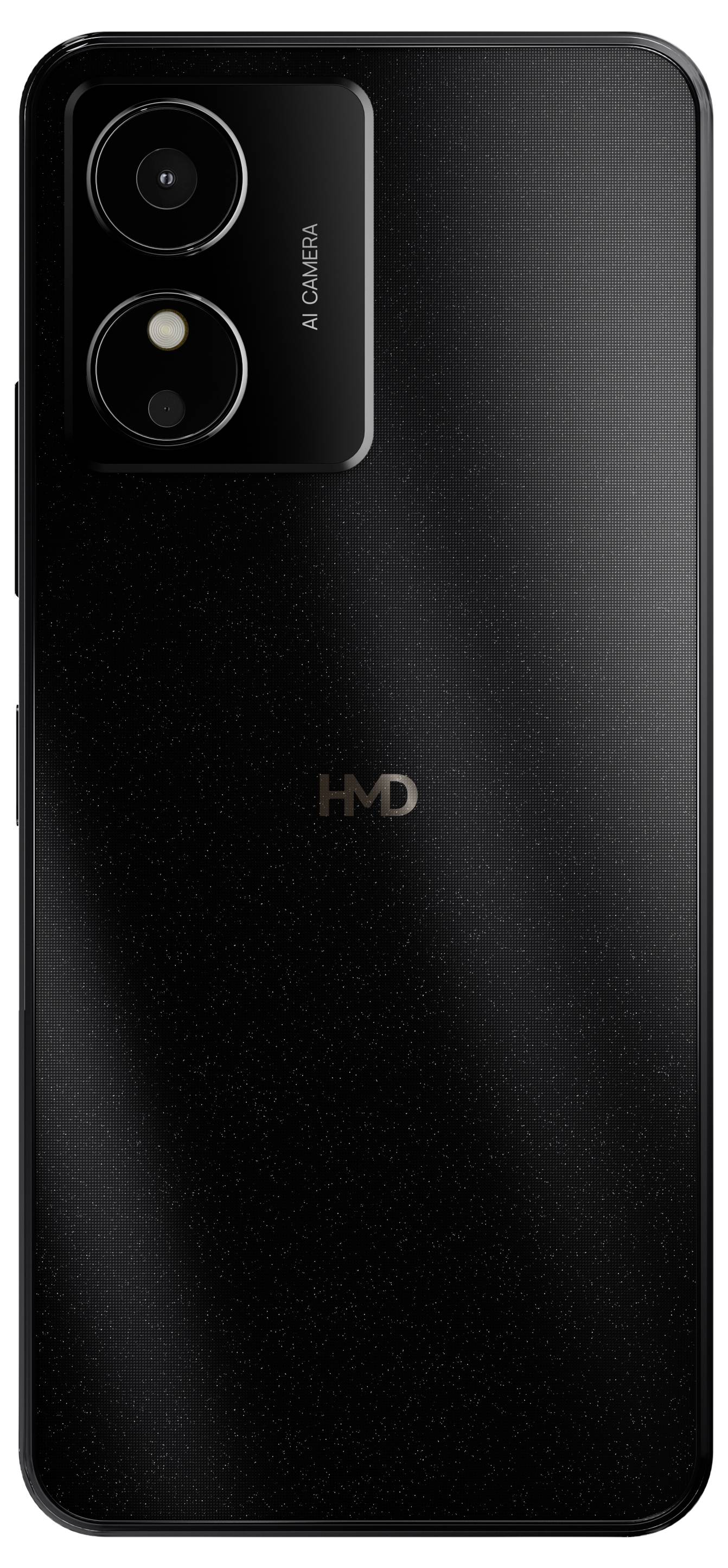 Black smartphone from the back. Two camera lenses in the top left; a brand logo in the centre. Glossy surface.