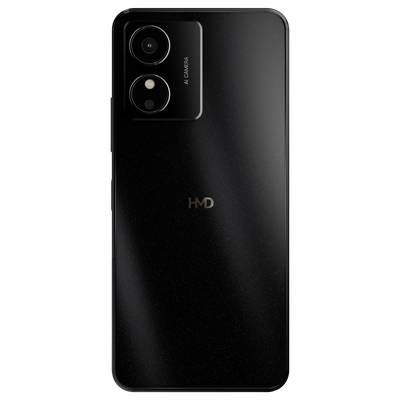 Black smartphone from the back. Two camera lenses in the top left; a brand logo in the centre. Glossy surface.