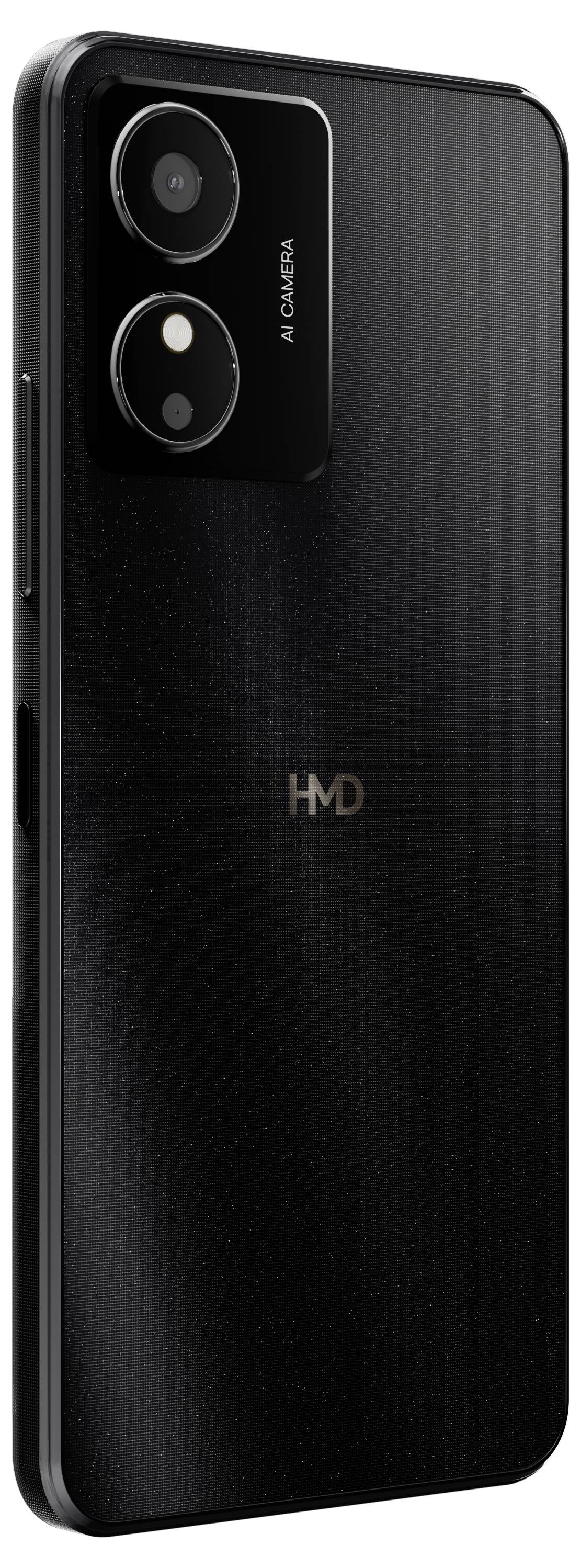 A black smartphone with two camera lenses on the back and the "HMD" logo.