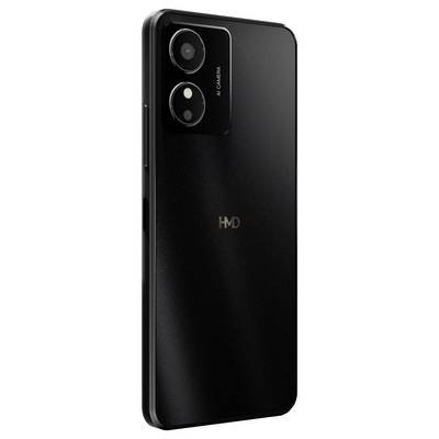 A black smartphone with two camera lenses on the back and the "HMD" logo.