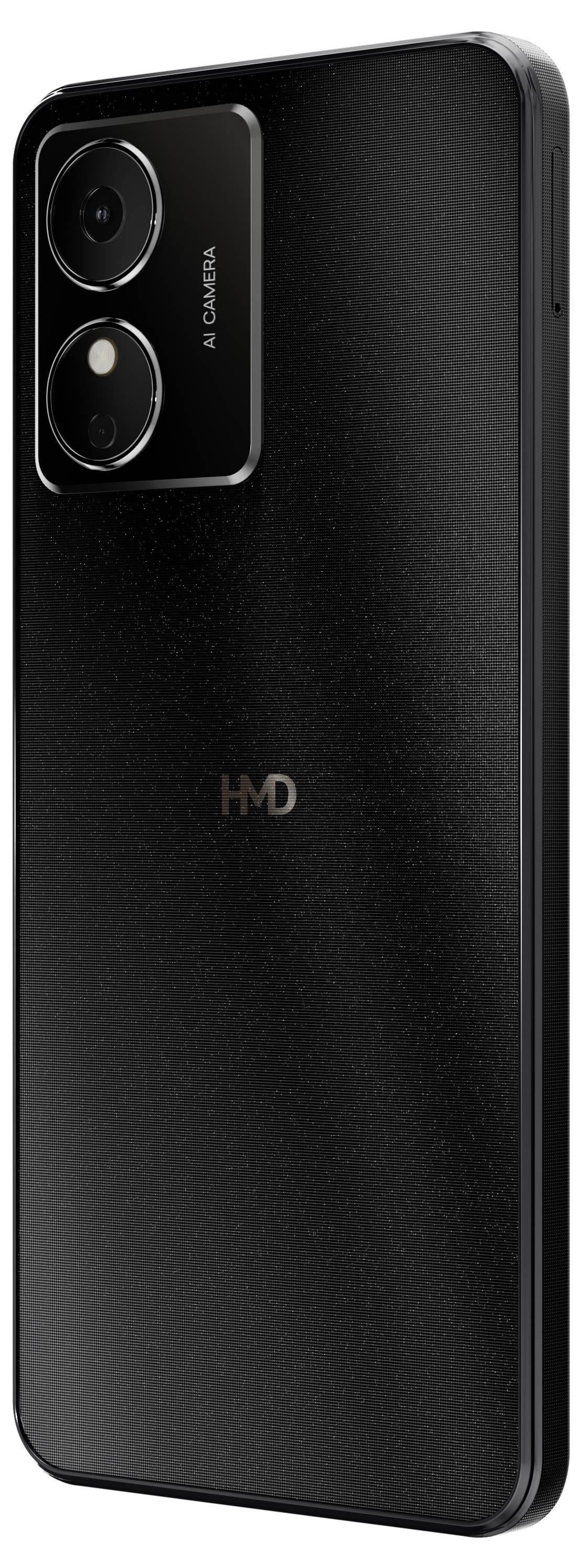 A black smartphone with two camera lenses on the back and the 'HMD' logo in the centre.