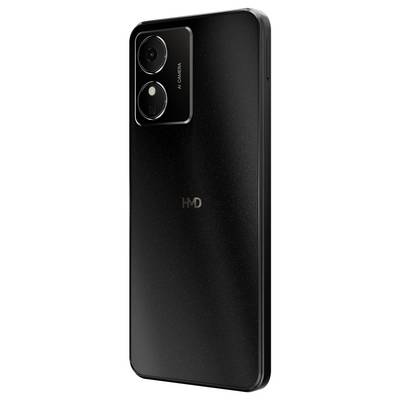 A black smartphone with two camera lenses on the back and the 'HMD' logo in the centre.