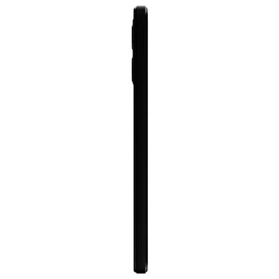 A black smartphone seen from the side, closed. The edges and protruding camera on the back are visible.