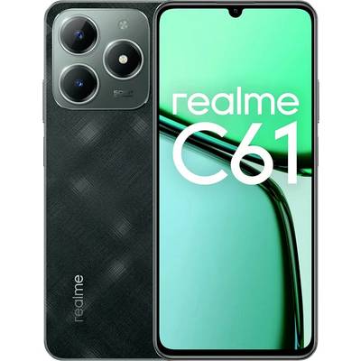 A smartphone with the inscription 'realme C61'. It displays a modern design with a central waterfall notch display and camera settings.
