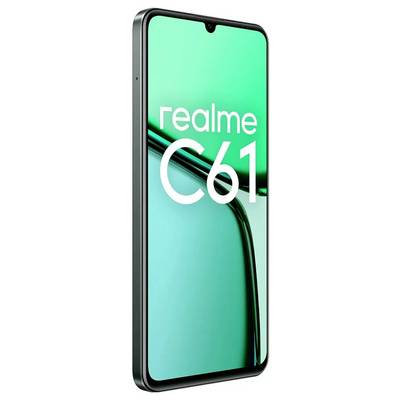 Green smartphone with a large display showing the screen with 'realme C61' written on it.