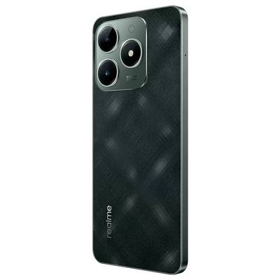 A smartphone with three camera lenses and the 'realme' inscription on the back. The casing has a dark, matte design.