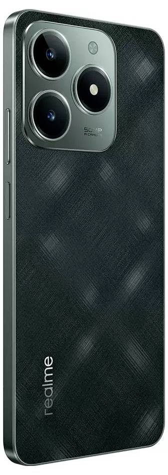 Smartphone with a vertically aligned triple camera lens on the back, featuring a glossy black housing design, with the brand logo positioned at the bottom.