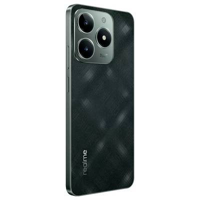 Smartphone with a vertically aligned triple camera lens on the back, featuring a glossy black housing design, with the brand logo positioned at the bottom.