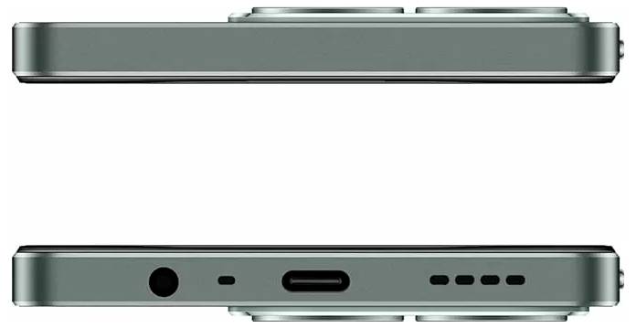 Two views of a smartphone: The side view shows the protruding dual camera, the underside has a port and speaker.
