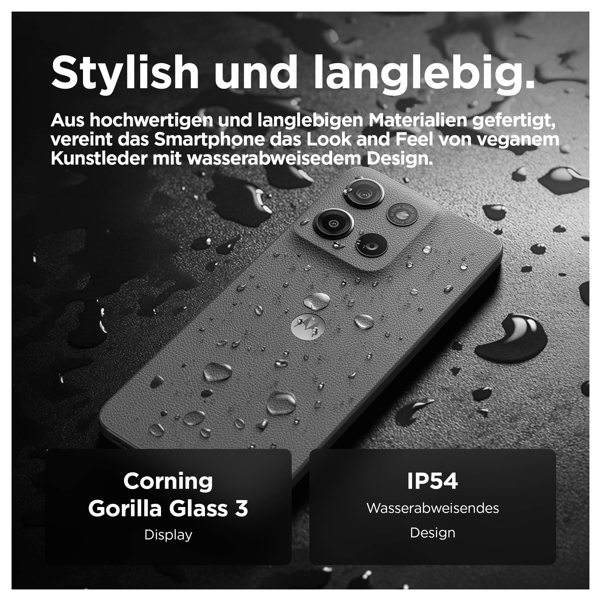 A smartphone lies on a wet surface. Text: 'Stylish and durable.' It mentions Corning Gorilla Glass 3 and IP54 protection.